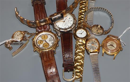 A Seiko Quartz Chronograph on leather strap, another vintage chronograph and six other watches, including a gold-cased example